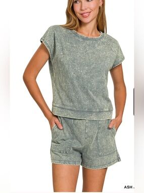 Zenana Premium Cotton Washed Sleeveless Top & Shorts Set, Ash Jade, Size Large